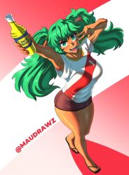 Rule 34 | 1girl, armpit peek, artist name, bare legs, black shorts, bottle, flip-flops, green eyes, green hair, hatsune miku, highres, holding, holding bottle, inca cola, long hair, looking at viewer, maudrawz, open mouth, peruvian football federation, red nails, sandals, shadow, short sleeves, shorts, solo, twintails, twitter username, v, vocaloid, worldwide miku