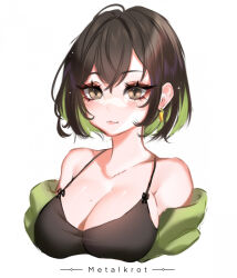 Rule 34 | 1girl, artist name, black camisole, blush, borrowed character, breasts, brown eyes, brown hair, camisole, cleavage, collarbone, commentary, earrings, english commentary, green hair, green jacket, hair behind ear, highres, jacket, jewelry, large breasts, metalkrot, miru (ormille), mole, mole on breast, multicolored hair, off shoulder, original, portrait, smile, solo, streaked hair, white background