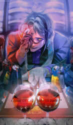 Rule 34 | 1boy, absurdres, ambiguous red liquid, between fingers, black hair, blood, blue hair, blue jacket, blurry, clothes hanger, collared shirt, contract, cup, depth of field, dress, drink, drinking glass, dripping, earrings, english text, eyeshadow, from above, furrowed brow, giving, gloves, glowing, glowing eyes, hand over eye, hand up, highres, holding, holding own hair, jacket, jade leech, jewelry, light particles, long sleeves, looking at viewer, magatama, makeup, male focus, mau sakura, messy hair, multicolored hair, one eye covered, paper, pov across table, purple shirt, sharp teeth, shirt, short hair, smirk, solo, stole, streaked hair, teeth, tentacles, twisted wonderland, unworn dress, upper body, white gloves, wing collar, yellow eyes