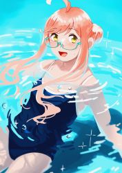 Rule 34 | 1girl, absurdres, ahoge, alternate hairstyle, blue-framed eyewear, blue one-piece swimsuit, competition school swimsuit, cowboy shot, double bun, hair bun, highres, kantai collection, long hair, makigumo (kancolle), ojipon, one-piece swimsuit, partially submerged, pink hair, ripples, school swimsuit, smile, solo, swimming, swimsuit, water