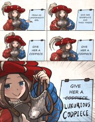 Rule 34 | 1girl, armor, blue eyes, boobplate, breastplate, brown hair, closed mouth, codpiece, despicable me, english text, hat, highres, holding, ironlily, landsknecht (ironlily), long sleeves, meme, original, puffy long sleeves, puffy sleeves, smile