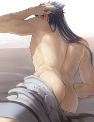 Rule 34 | 1boy, arm support, arm up, ass, back, black hair, blue hair, commentary request, cu chulainn (caster) (fate), cu chulainn (fate), cu chulainn (fate/stay night), fate/stay night, fate (series), from behind, hand in own hair, highres, long hair, lying, male focus, mondi hl, muscular, on side, pants, topless male, solo