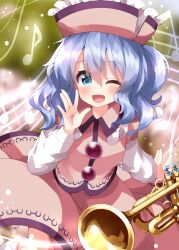 Rule 34 | 1girl, beamed eighth notes, blue eyes, blush, eighth note, hair between eyes, hat, highres, instrument, long sleeves, looking at viewer, merlin prismriver, musical note, one eye closed, open mouth, pink hat, pink skirt, pink vest, ruu (tksymkw), short hair, skirt, smile, solo, touhou, trumpet, vest, white hair
