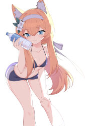 Rule 34 | 1girl, bent over, bikini, bikini shorts, blue archive, blue eyes, bottle, breasts, cleavage, closed mouth, collarbone, feet out of frame, flower, hair flower, hair ornament, hair ribbon, hand on own leg, headband, highres, long hair, mari (blue archive), orange hair, ribbon, rx7649, shorts, small breasts, smile, solo, swimsuit, water bottle, white ribbon