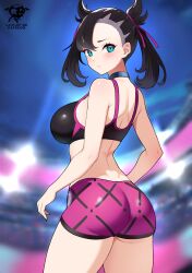 Rule 34 | 1girl, ass, ass focus, bare shoulders, black hair, blush, short shorts, breasts, creatures (company), from behind, game freak, green eyes, hair ribbon, highres, kaos art, large breasts, long hair, looking at viewer, marnie (pokemon), nintendo, pokemon, pokemon swsh, ribbon, short shorts, shorts, sideboob, smile, solo, sports bra, twintails