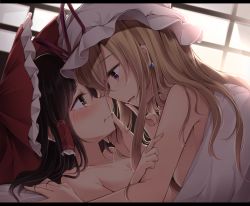 Rule 34 | 2girls, :t, black hair, blonde hair, bow, brown eyes, closed mouth, commentary request, covering privates, earrings, eye contact, hair bow, hair tubes, hakurei reimu, hat, hat ribbon, indoors, jewelry, long hair, looking at another, lying, lying on person, mob cap, multiple girls, nude, nude cover, parted lips, pout, purple eyes, red bow, red ribbon, ribbon, tears, touhou, toyosaki shu, under covers, white hat, yakumo yukari, yuri