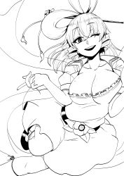 Rule 34 | 1girl, ;d, absurdres, breasts, cleavage, drill hair, greyscale, hair between eyes, hair ornament, hair rings, hairpin, highres, himajin noizu, kaku seiga, large breasts, looking at viewer, monochrome, one eye closed, open mouth, shawl, shoes, short sleeves, simple background, smile, solo, touhou, twin drills, white background