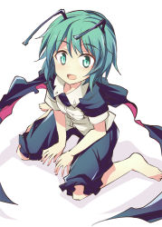 Rule 34 | 1girl, :d, antennae, barefoot, black pants, blush, cape, commentary request, full body, green eyes, green hair, looking at viewer, matching hair/eyes, open mouth, pants, shirt, short hair, short sleeves, shorts, sitting, smile, solo, suichuu hanabi, touhou, wariza, white background, white shirt, wriggle nightbug