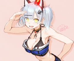 Rule 34 | 1girl, alarm siren, animal ears, bare shoulders, bikini, bikini top only, blush, breasts, cat ears, cleavage, commentary request, crop top, dated, detached collar, fake animal ears, fish bone, grey hair, hair ornament, highres, kusoge patrol neko, large breasts, looking at viewer, mole, mole on breast, mole under mouth, navel, nekomoto pato, open mouth, salute, shorts, smile, solo, swimsuit, tamanoi peromekuri, twintails, upper body, virtual youtuber, yellow eyes