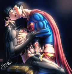 Rule 34 | 2boys, abs, absurdres, artist name, bara, bare pectorals, batman, batman (series), belt, black bodysuit, black cape, black gloves, black hair, blue bodysuit, blue eyes, bodysuit, bodysuit pull, bruce wayne, cape, clark kent, closed eyes, clothes lift, couple, dated, dc comics, erection, french kiss, gloves, grabbing, groping, highres, kiss, large pectorals, male focus, multiple boys, muscular, muscular male, nipples, pectoral grab, pectorals, penis, red cape, scar, scar on chest, scar on stomach, short hair, sitting, superman, superman (series), tongue, tongue out, too many, too many scars, yaoi, yellow belt, yooko
