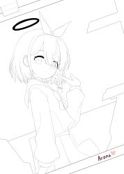 Rule 34 | 1girl, absurdres, arona (blue archive), blue archive, hagoonha, halo, highres, index finger raised, looking at viewer, school uniform, sitting, sketch, solo, white background