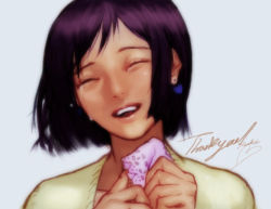 Rule 34 | 1girl, black hair, closed eyes, earrings, heart, jewelry, open mouth, portrait, rukiana, signature, simple background, smile, snk, solo, tears, the king of fighters, whip (kof)