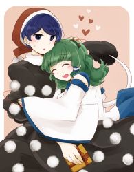 Rule 34 | 2girls, ^ ^, bad id, bad pixiv id, blue eyes, blue hair, blush, box, closed eyes, commentary request, detached sleeves, doremy sweet, dress, closed eyes, frog hair ornament, gift, gift box, green hair, hair ornament, hand on another&#039;s head, hat, heart, highres, holding, hug, kochiya sanae, long hair, multiple girls, nightcap, pom pom (clothes), short hair, string, string of fate, sweat, tail, tama (hiroshige 36), touhou, yuri