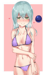 Rule 34 | 1girl, alternate costume, aqua hair, bad id, bad pixiv id, bare arms, bikini, blush, breasts, breasts apart, cleavage, closed mouth, commentary request, cowboy shot, embarrassed, green eyes, hair between eyes, halterneck, hand on own thigh, heart, heart-shaped pupils, highres, komeiji koishi, legs together, looking at viewer, medium breasts, navel, outside border, parted bangs, purple background, purple bikini, sidelocks, simple background, smile, solo, spoken heart, standing, string bikini, sweat, swimsuit, symbol-shaped pupils, third eye, touhou, wide hips, yonaga (masa07240)