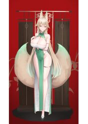 Rule 34 | 1girl, animal ear fluff, animal ears, arm under breasts, armlet, bare shoulders, blonde hair, breasts, china dress, chinese clothes, cleavage, cleavage cutout, clothing cutout, covered navel, dress, eyeliner, fox ears, fox girl, fox tail, full body, gradient hair, green dress, green hair, groin, hair between eyes, highres, large breasts, long hair, looking at viewer, makeup, multicolored hair, multiple tails, narrowed eyes, navel, original, pelvic curtain, ponytail, red eyeliner, sleeveless, smile, solo, suzuya (maru), tail, teeth, two tails, yellow eyes