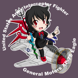 Rule 34 | 1girl, aircraft, airplane, asymmetrical wings, black hair, black thighhighs, blush stickers, chibi, chimera, dress, female focus, houjuu nue, military, no nose, open mouth, p-75 eagle, pointing, polearm, red eyes, ribbon, sakurato tsuguhi, short hair, snake, solo, spear, thighhighs, touhou, trident, vehicle focus, weapon, wings, world war ii, wristband