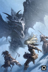 Rule 34 | 1girl, 2boys, alduin, armor, axe, battle, battle axe, blonde hair, boots, breastplate, brown hair, dragon, fangs, fur-trimmed armor, fur boots, fur trim, holding, horns, long hair, mountain, multiple boys, quirkilicious, red eyes, robe, snow, sword, tagme, the elder scrolls, the elder scrolls v: skyrim, two-handed, weapon, white hair, wings