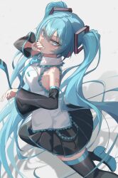 Rule 34 | 1girl, bare shoulders, belt, black skirt, black sleeves, black thighhighs, blue eyes, blue hair, blue nails, blush, breasts, collared shirt, covering own mouth, detached sleeves, foot out of frame, frilled shirt, frills, from side, hair between eyes, hair ornament, hand up, hatsune miku, highres, kawasuru (15miclon), long hair, long sleeves, looking at viewer, loose belt, miniskirt, nail polish, number tattoo, pleated skirt, raised eyebrows, shirt, sidelocks, simple background, skirt, sleeveless, sleeveless shirt, small breasts, solo, tattoo, thighhighs, tsurime, twintails, very long hair, vocaloid, white background, white shirt, zettai ryouiki