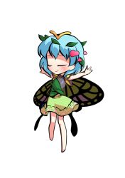Rule 34 | 1girl, antennae, aqua hair, barefoot, blush, butterfly wings, chibi, closed eyes, closed mouth, dairi, dress, eternity larva, fairy, full body, green dress, hair between eyes, heart, insect wings, leaf, leaf on head, multicolored clothes, multicolored dress, short hair, short sleeves, single strap, smile, solo, spread legs, standing, tachi-e, touhou, transparent background, wings