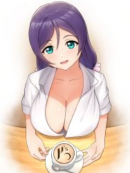 Rule 34 | 1girl, blush, breasts, cleavage, downblouse, female focus, from above, green eyes, group name, hair ornament, hair scrunchie, head tilt, highres, large breasts, long hair, looking at viewer, looking up, love live!, love live! school idol project, no bra, open mouth, purple hair, scrunchie, smile, solo, spoon, tojo nozomi, twintails, yisusjpl