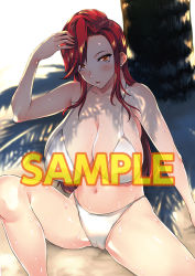 Rule 34 | 1girl, bare shoulders, belly, bikini, blush, breasts, cameltoe, character request, cleavage, collarbone, copyright request, erect sawaru, eyes visible through hair, huge breasts, navel, open mouth, outdoors, palm tree, red hair, sample watermark, sand, shiny skin, sidelocks, sitting, solo, spread legs, stomach, sweat, swimsuit, thighs, toranoana, tree, tree shade, watermark, wet, white bikini