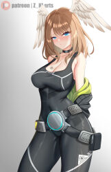 Rule 34 | 1girl, bare shoulders, belt, black bodysuit, black choker, black jacket, blue eyes, bodysuit, breast tattoo, breasts, brown hair, choker, cleavage, eunie (xenoblade), head wings, highres, hood, jacket, jacket partially removed, large breasts, long hair, looking at viewer, open clothes, open jacket, patreon logo, short hair, simple background, solo, tattoo, twitter username, white wings, wings, xenoblade chronicles (series), xenoblade chronicles 3, z-ki