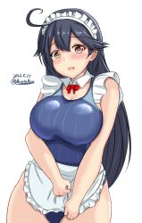 Rule 34 | 1girl, ahoge, apron, black hair, blue one-piece swimsuit, blush, breasts, brown eyes, competition swimsuit, dated, detached collar, hair between eyes, highres, kantai collection, large breasts, long hair, looking at viewer, maid headdress, montemasa, one-hour drawing challenge, one-piece swimsuit, open mouth, signature, simple background, solo, swimsuit, swimsuit under clothes, twitter username, ushio (kancolle), waist apron, white background
