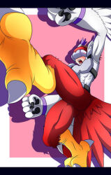 Rule 34 | armor, bird feet, bird tail, chestplate, claws, digimon, digimon (creature), feathers, half bird, kicking, large hands, open mouth, red fur, shoulder armor, silphymon, tail, visor cap, white feathers