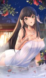 Rule 34 | 1girl, architecture, au ra, black hair, breasts, building, cleavage, dragon horns, dragon tail, east asian architecture, final fantasy, final fantasy xiv, green eyes, highres, horns, large breasts, leaning forward, long hair, looking at viewer, naked towel, night, onsen, outdoors, pixie (pixieinktvis), scales, solo, tail, towel, water, yugiri mistwalker