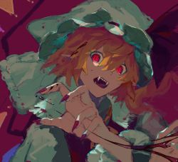Rule 34 | 1girl, bad id, bad twitter id, blonde hair, blood, commentary request, crystal, fangs, fingernails, flandre scarlet, hat, hat ribbon, highres, kusariuta, long fingernails, looking at viewer, mob cap, nail polish, open mouth, pointy ears, red background, red eyes, red nails, red ribbon, red vest, ribbon, sharp fingernails, shirt, short hair, side ponytail, slit pupils, solo, touhou, upper body, vest, white hat, white shirt, wings, yellow neckwear