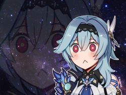 Rule 34 | 1girl, :&lt;, artist name, blue hair, blush stickers, close-up, commentary, english commentary, eula (genshin impact), galaxy, genshin impact, hair between eyes, hair ornament, hairband, kibashiba, long hair, looking at viewer, meme, necktie, red eyes, sidelocks, sky, solo, space cat (meme), star (sky), starry sky, universe, vision (genshin impact), zoom layer
