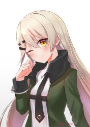 Rule 34 | 1girl, artist name, black necktie, blonde hair, blouse, blush, closed mouth, collared shirt, girls&#039; frontline, hair between eyes, hand up, head tilt, highres, jacket, light brown hair, long hair, looking at viewer, mg4 (girls&#039; frontline), necktie, one eye closed, open clothes, open jacket, ranyu, shirt, signature, simple background, solo, upper body, very long hair, white background, white shirt, yellow eyes