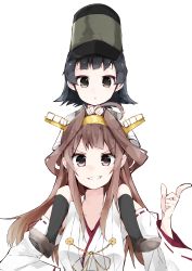 Rule 34 | &gt;:), 10s, 2girls, :o, absurdres, ahoge, arare (kancolle), bare shoulders, black eyes, black hair, breasts, brown eyes, brown hair, carrying, detached sleeves, double bun, hairband, hat, headgear, highres, japanese clothes, kantai collection, kongou (kancolle), long hair, looking at viewer, multiple girls, nontraditional miko, ooyama imo, remodel (kantai collection), ribbon-trimmed sleeves, ribbon trim, school uniform, short hair, short sleeves, shoulder carry, simple background, smile, suspenders, teeth, v-shaped eyebrows, white background