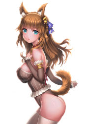 Rule 34 | 1girl, animal ears, ass, bare shoulders, bell, blue eyes, blue ribbon, braid, breasts, brown hair, cleavage, collar, covered erect nipples, detached sleeves, dog ears, dog tail, fox ears, fox girl, fox tail, from side, hair bell, hair ornament, hair ribbon, highleg, highleg leotard, highres, jingle bell, large breasts, leotard, long hair, looking at viewer, looking to the side, md5 mismatch, original, resolution mismatch, ribbon, solo, source larger, striped clothes, striped leotard, tail, thighhighs, thong leotard, white thighhighs, youbou