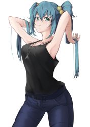 Rule 34 | 1girl, bell, belt, black belt, black tank top, blue pants, blush, cui yifei, eyebrows hidden by hair, green eyes, hair bell, hair between eyes, hair ornament, highres, holding, holding own hair, looking at viewer, muv-luv, muv-luv alternative, muv-luv total eclipse, pants, smile, solo, tank top, twintails, white background, yudetama