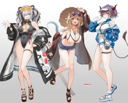 Rule 34 | 3girls, ;), ;p, adapted costume, animal ears, arknights, bare shoulders, bikini, black hair, black leotard, blonde hair, blue jacket, breasts, cleavage, coat, commentary request, covered navel, denim, denim shorts, fang, feater (arknights), full body, gradient background, grey background, grey hair, hair between eyes, highres, jacket, large breasts, leotard, long hair, long sleeves, looking at viewer, multicolored hair, multiple girls, navel, off shoulder, official alternate costume, one eye closed, open clothes, open coat, panda ears, pink eyes, purple eyes, purple hair, short shorts, shorts, sideroca (arknights), sideroca (light breeze) (arknights), skin fang, skindentation, smile, standing, stomach, streaked hair, swimsuit, tail, takechi akinobu, thigh strap, thighs, tongue, tongue out, utage (arknights), utage (summer flowers) (arknights)