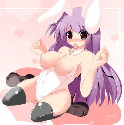 Rule 34 | 1girl, animal ears, black thighhighs, blush, breasts, cameltoe, cleavage, condom, condom in mouth, covered erect nipples, female focus, kiki (koikuchikinako), kiki (pixiv), large breasts, leotard, loafers, long hair, mouth hold, nipple slip, nipples, playboy bunny, purple hair, rabbit ears, rabbit girl, red eyes, reisen udongein inaba, shoes, sitting, solo, thighhighs, touhou