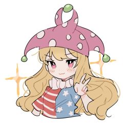 Rule 34 | + +, 1girl, american flag print, american flag shirt, black eyes, blonde hair, blue shirt, blue sleeves, blush, breasts, closed mouth, clownpiece, hand up, hat, jester cap, long hair, looking at viewer, medium breasts, multicolored clothes, multicolored shirt, neck ruff, pink eyes, pink hat, polka dot, print shirt, rbfnrbf (mandarin), red shirt, red sleeves, shirt, short sleeves, simple background, smile, solo, star (symbol), star print, striped clothes, striped shirt, touhou, upper body, v, wavy hair, white background, white shirt, white sleeves