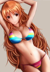 Rule 34 | 1girl, arms up, bikini, breasts, brown background, brown eyes, brown hair, cleavage, large breasts, long hair, multicolored stripes, nami (one piece), nannacy7, one piece, one piece film: z, side-tie bikini bottom, simple background, smile, solo, striped bikini, striped clothes, swimsuit