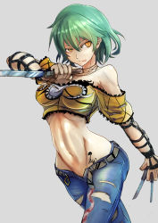 Rule 34 | 10s, 1girl, bare shoulders, breasts, cleavage, denim, duplicate, female focus, green hair, hair between eyes, hikage (senran kagura), jeans, knife, large breasts, licking lips, looking at viewer, navel, off shoulder, pants, senran kagura, short hair, simple background, slit pupils, solo, sowel (sk3), tattoo, tongue, tongue out, torn clothes, yellow eyes