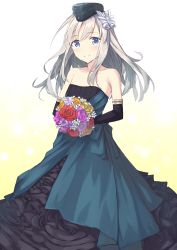 Rule 34 | 10s, apo (apos2721), bare shoulders, black dress, black gloves, blue eyes, bouquet, bow, collarbone, dress, elbow gloves, flower, formal, garrison cap, gloves, hair between eyes, hair bow, hat, highres, kantai collection, long hair, looking at viewer, silver hair, smile, solo, standing, strapless, strapless dress, teeth, u-511 (kancolle), white background