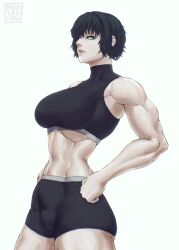 Rule 34 | 1girl, abs, breasts, chainsaw man, green eyes, hand on own hip, highres, himeno (chainsaw man), large breasts, looking at viewer, muscular, muscular female, short hair, shorts, signature, simple background, solo, sweat, tank top, toned, turtleneck, white background, yozamontag