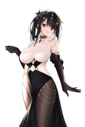 Rule 34 | 1girl, absurdres, azur lane, bare shoulders, black flower, black hair, bodystocking, breasts, catnnn, chen hai (azur lane), chen hai (cerulean ripples) (azur lane), china dress, chinese clothes, cleavage, collarbone, covered navel, cowboy shot, dress, elbow gloves, flower, gloves, halter dress, halterneck, hand up, highres, large breasts, looking at viewer, official alternate costume, parted lips, pelvic curtain, red eyes, simple background, solo, taut clothes, taut dress, tight clothes, tight dress, white background