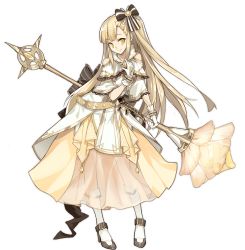 Rule 34 | 1girl, ark order, back bow, baldr (ark order), bare shoulders, belt, black bow, blonde hair, bow, brown footwear, capelet, closed mouth, clothing cutout, dress, full body, gloves, gold trim, hair bow, holding, holding staff, kneehighs, kzhu, lace-trimmed capelet, lace trim, long hair, looking at viewer, official art, one side up, shoulder cutout, sidelocks, smile, socks, solo, staff, strappy heels, striped, striped bow, tachi-e, transparent background, very long hair, white capelet, white dress, white gloves, white socks, yellow dress, yellow eyes