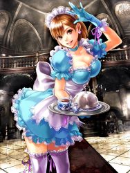 Rule 34 | 1girl, apron, ashley graham, biohazard team survive, blonde hair, breasts, brown eyes, capcom, cleavage, cup, earrings, heart, heart earrings, jewelry, kinoshita reiko, legs, looking at viewer, maid, maid apron, maid headdress, official art, open mouth, resident evil, resident evil 4, skirt, smile, tea, teacup, thighhighs, tray, zettai ryouiki
