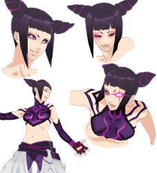 Rule 34 | 1girl, :p, black hair, breasts, capcom, character sheet, close-up, concept art, crazy, crop top, evil, eyeshadow, female focus, fingerless gloves, gloves, glowing, glowing eye, glowing eyes, han juri, makeup, midriff, pink eyes, short twintails, smile, solo, sora-bakabon, street fighter, street fighter iv (series), tongue, tongue out, twintails, white background