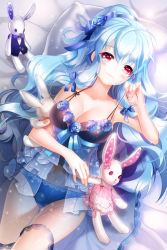 Rule 34 | 1girl, aile (crossroads), bare shoulders, blue hair, blush, bow, bra, breasts, rabbit, cleavage, collarbone, flower, hair ribbon, holding, lingerie, linus falco, long hair, lying, midriff, navel, negligee, on back, panties, ponytail, red eyes, ribbon, see-through, smile, solo, stuffed animal, stuffed rabbit, stuffed toy, sword girls, underwear, very long hair, wavy hair