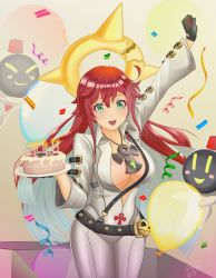 Rule 34 | breasts, broken halo, cake, cleavage, colored inner hair, eyeshadow, food, green eyes, guilty gear, guilty gear strive, halo, highres, jack-o&#039; valentine, large breasts, looking at viewer, makeup, multicolored hair, open mouth, red eyes, smile