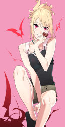 Rule 34 | 1girl, black shirt, blonde hair, brown shorts, candy, chocolate, chocolate heart, food, heart, henken, highres, holding, holding chocolate, holding food, looking at viewer, original, parted lips, pink background, ponytail, red eyes, shirt, short hair, short shorts, shorts, sienna (henken), simple background, sitting, sleeveless, sleeveless shirt, smile, solo, valentine