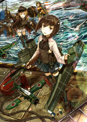 Rule 34 | 10s, 3girls, aircraft, airplane, bird, blonde hair, bow (weapon), brown eyes, brown hair, camouflage, crossbow, fairy (kancolle), hat, headband, headgear, highres, hiryuu (kancolle), japanese clothes, kantai collection, kazabana fuuka, long hair, maintenance musume (kancolle), multiple girls, open mouth, prinz eugen (kancolle), remodel (kantai collection), reppuu (kancolle), short hair, smile, taihou (kancolle), twintails, weapon